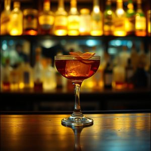 Cóctel de brandy de Jerez en copa coupe con hielo y piel de naranja, sobre una barra de cócteles
