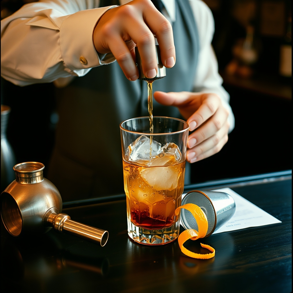 Bartender sirviendo un cóctel de brandy de Jerez con hielo y piel de naranja